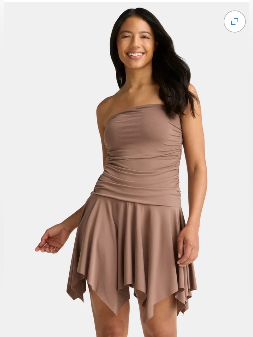 Madden NYC Strapless Ruched Handkerchief Hem Dress - Taupe